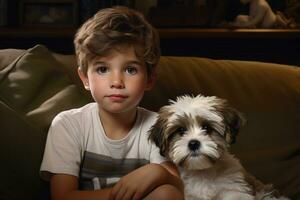 little boy is playing with his puppy in living room. happy cute little kid plays with dog photo