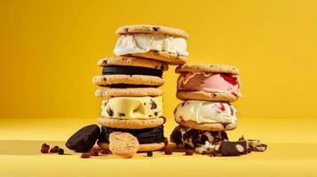 Set of various flavour of ice cream sandwiches on bright background photo