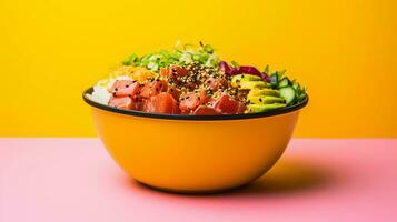 Delicious Japanese poke bowl presented in a professional studio with bright background photo