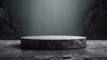 Flat round granite pedestal with small black stones around the granite on textured background and water flowing under the granite stone photo