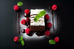 delicious chocolate cake with raspberries and herbs on a dark table. Chocolate cake. Wedding dessert. Birthday party. Delicious dessert. Traditional American dessert photo