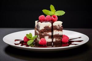 delicious chocolate cake with raspberries and herbs on a dark table. Chocolate cake. Wedding dessert. Birthday party. Delicious dessert. Traditional American dessert photo