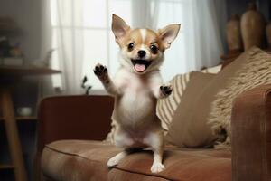 Domestic Animal Concept. Portrait of cute puppy in living room at home. free copy space photo