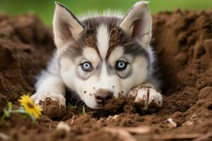 Close up dirty puppy playing in the garden. puppy with funny look. photo