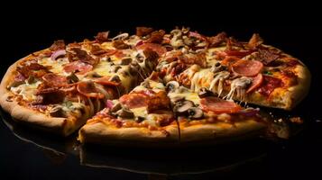 delicious pizza, composed with mozzarella cheese, American cheese, meat, red sauce, with three difference cheese as toppings photo