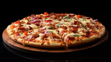 delicious pizza, composed with mozzarella cheese, American cheese, meat, red sauce, with three difference cheese as toppings photo