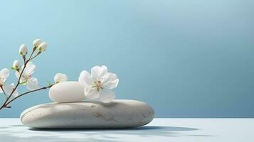 A minimalistic scene of a lying stone with flowers on a light blue background. Showcase for the presentation of natural products and cosmetics. photo