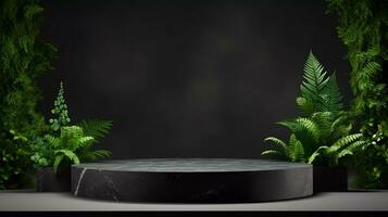 Black stone product podium for product display with green plants around the podium photo