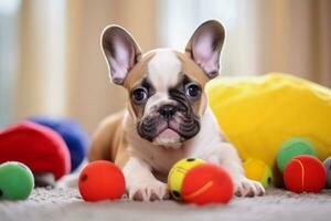 cute puppy playing with his toys in living room. puppy with funny look. photo