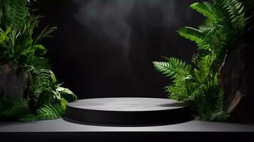Black stone product podium for product display with green plants around the podium photo