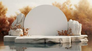 Autumn showcase made of white natural stone, autumn foliage for product promotion. Empty space with autumn leaves and stones on bright background photo