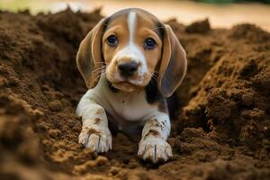 Close up dirty puppy playing in the garden. puppy with funny look. photo