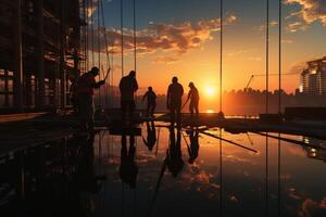 Construction workers concrete pouring at sunset, photo