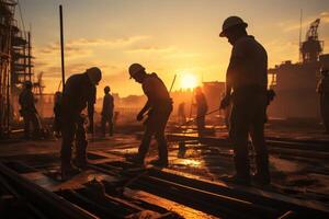 un grupo de ingenieros vistiendo la seguridad vestir y trabajando a atardecer, generativo ai foto