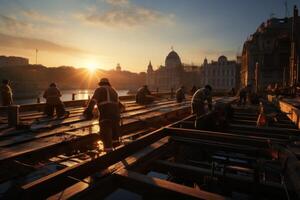 a group of labours working at sunset, photo
