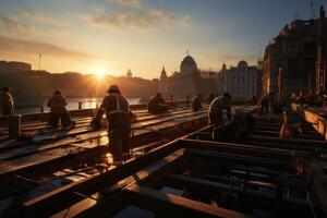 un grupo de labores trabajando a atardecer, generativo ai foto