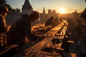 The carpenters are working on the wood at sunset, photo