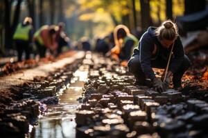 a road worker repairing the sidewalk tile on the road, photo