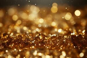 Abstract elegant, detailed gold glitter particles flow with shallow depth of field underwater. photo