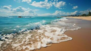 Beautiful tropical empty beach sea ocean with white clouds on blue sky background photo