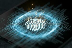 Fingerprint identification concept, technological background, 3d rendering. photo