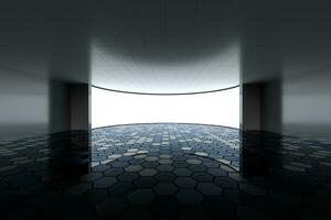 Empty round room with glowing white screen, 3d rendering. photo