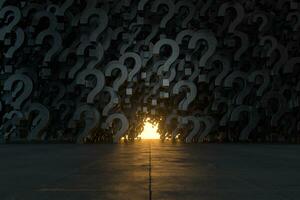 Glowing question marks with dark background, 3d rendering. photo