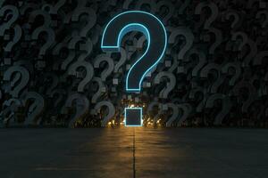 Glowing question marks with dark background, 3d rendering. photo