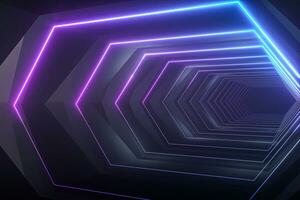 Hexagonal tunnel with neon light, modern architecture, 3d rendering. photo