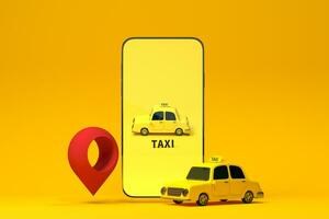 mini 3d Taxi, mini coche con un móvil teléfono, 3d representación. foto
