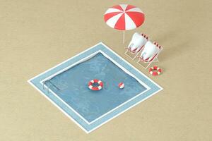 dibujos animados diente en día festivo, nadando piscina aparte, 3d representación. foto