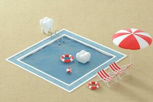 Cartoon tooth on holiday, swimming pool aside, 3d rendering. photo