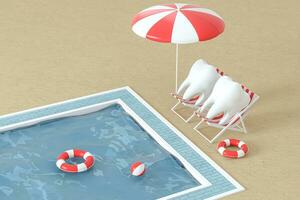 Cartoon tooth on holiday, swimming pool aside, 3d rendering. photo