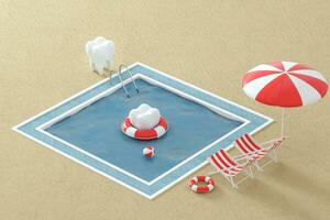 Cartoon tooth on holiday, swimming pool aside, 3d rendering. photo