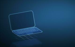 Laptop and blue glowing lines with dark background, 3d rendering. photo