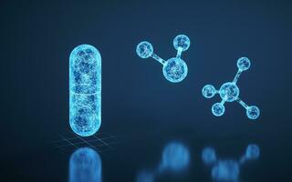 Drugs and molecules with blue background, 3d rendering. photo