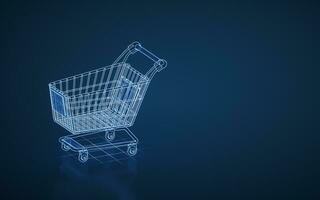 Empty shopping cart with blue background, 3d rendering. photo