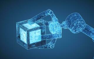 Robotic arm with blue background, 3d rendering. photo