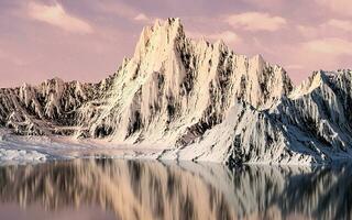 Snowy mountains with sunset background, 3d rendering. photo