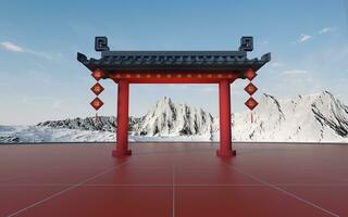 Chinese gate with snow mountains background, translating blessing, 3d rendering. photo