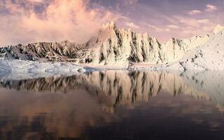 Snowy mountains with sunset background, 3d rendering. photo