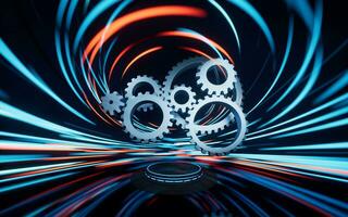 Mechanical gears belt with spin lines effect background, 3d rendering. photo