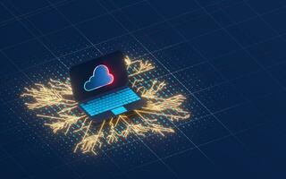 Cloud computing and laptop with dark background, 3d rendering. photo