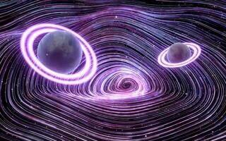 Planets with purple curve vortex lines, 3d rendering. photo