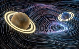 Planets with purple curve vortex lines, 3d rendering. photo