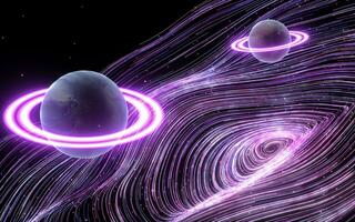 Planets with purple curve vortex lines, 3d rendering. photo