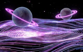 Planets with purple curve vortex lines, 3d rendering. photo