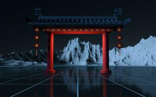 Chinese gate with snow mountains background, translating blessing, 3d rendering. photo