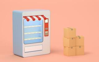 Empty vending machine and boxes with pink background, 3d rendering. photo