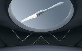 A rocket over a round room, 3d rendering. photo